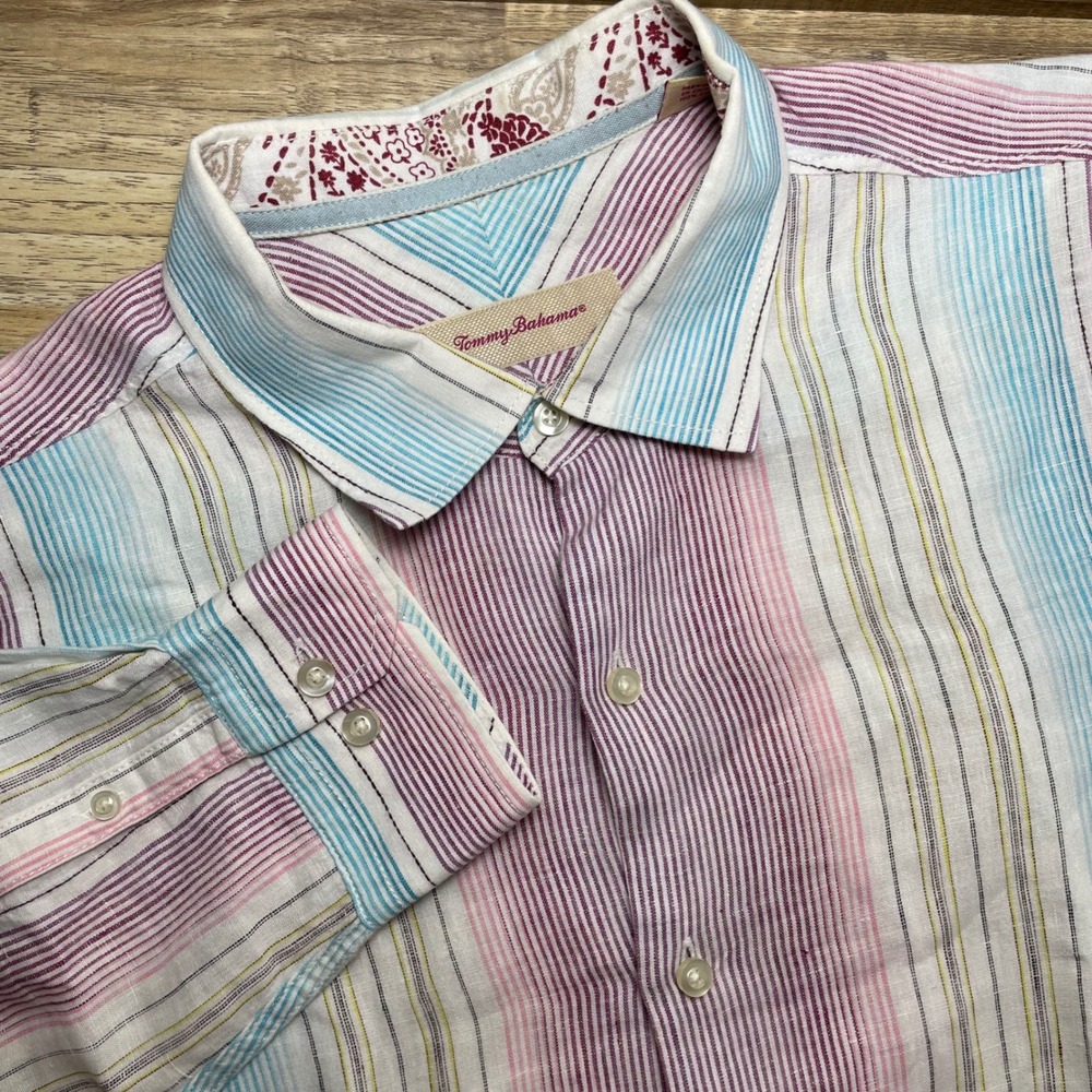 Tommy Bahama Mens XL Linen Striped Long Sleeve Button Down Shirt Multicolor